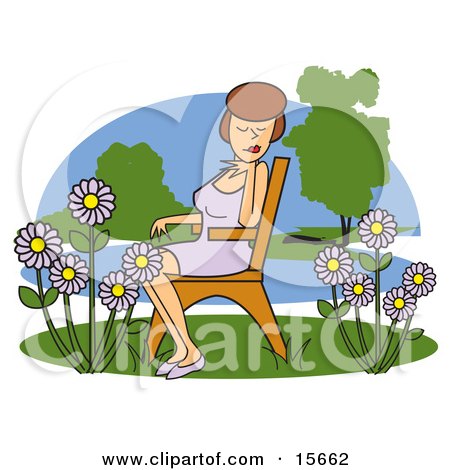 Pretty Brunette Woman Seated On A Wooden Park Bench And Enjoying The Beautiful Purple Daisy Flowers Clipart Illustration by Andy Nortnik