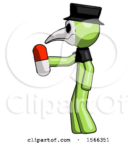 Green Plague Doctor Man Holding Red Pill Walking to Left by Leo Blanchette