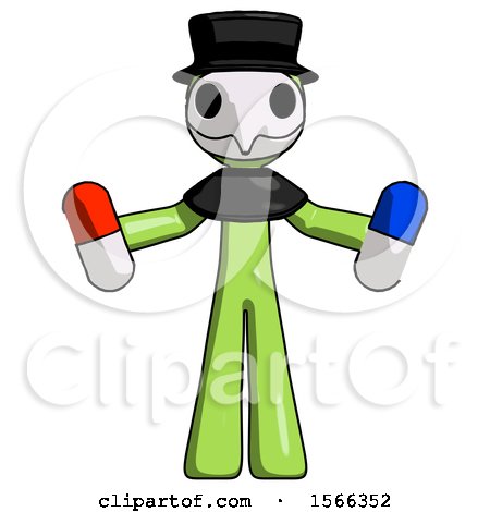 Green Plague Doctor Man Holding a Red Pill and Blue Pill by Leo Blanchette