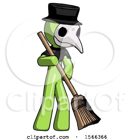Green Plague Doctor Man Sweeping Area with Broom by Leo Blanchette
