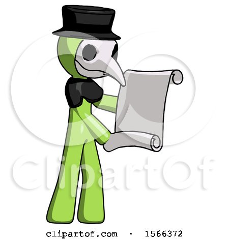 Green Plague Doctor Man Holding Blueprints or Scroll by Leo Blanchette