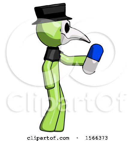 Green Plague Doctor Man Holding Blue Pill Walking to Right by Leo Blanchette