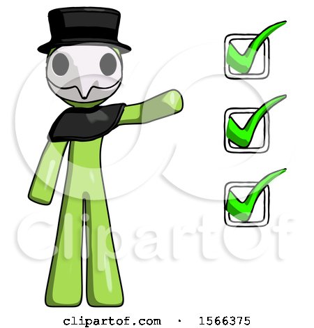 Green Plague Doctor Man Standing by List of Checkmarks by Leo Blanchette