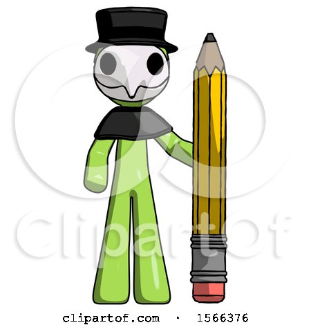 Green Plague Doctor Man with Large Pencil Standing Ready to Write by Leo Blanchette