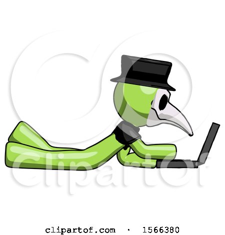 Green Plague Doctor Man Using Laptop Computer While Lying on Floor Side View by Leo Blanchette
