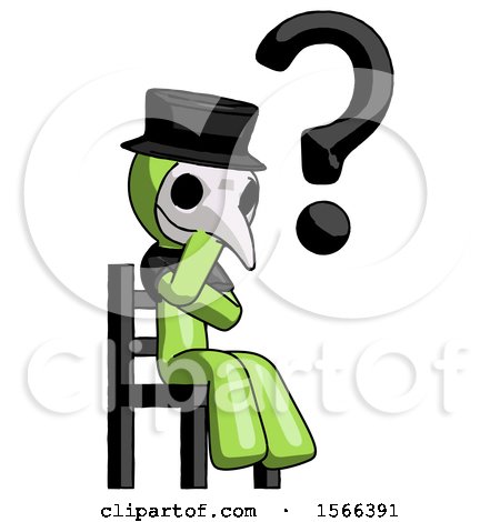 Green Plague Doctor Man Question Mark Concept, Sitting on Chair Thinking by Leo Blanchette