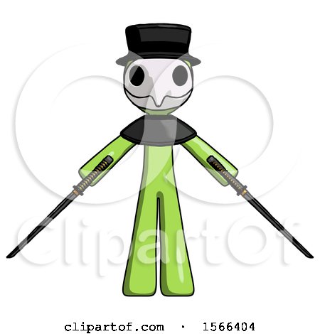 Green Plague Doctor Man Posing with Two Ninja Sword Katanas by Leo Blanchette