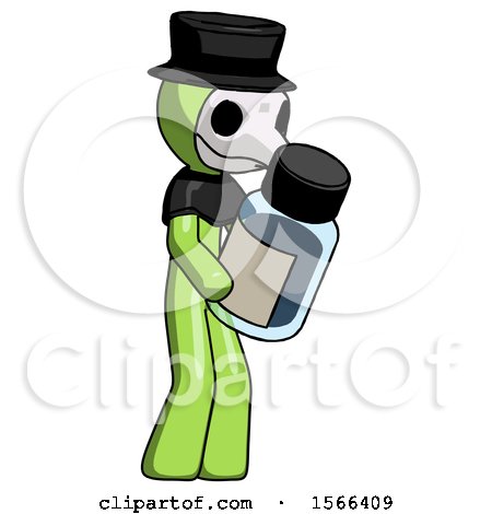 Green Plague Doctor Man Holding Glass Medicine Bottle by Leo Blanchette