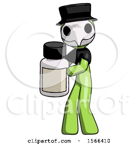 Green Plague Doctor Man Holding White Medicine Bottle by Leo Blanchette