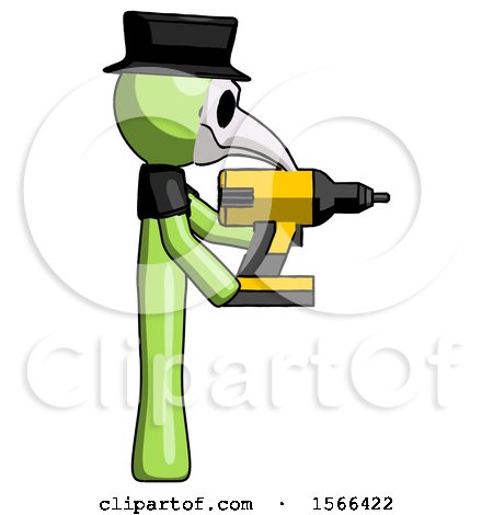 Green Plague Doctor Man Using Drill Drilling Something on Right Side by Leo Blanchette
