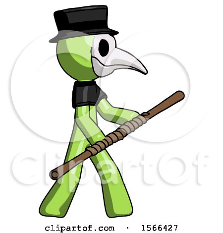 Green Plague Doctor Man Holding Bo Staff in Sideways Defense Pose by Leo Blanchette