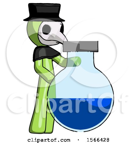Green Plague Doctor Man Standing Beside Large Round Flask or Beaker by Leo Blanchette