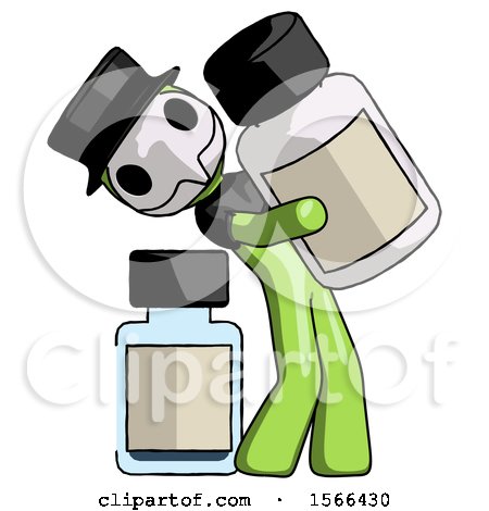 Green Plague Doctor Man Holding Large White Medicine Bottle with Bottle in Background by Leo Blanchette