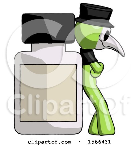 Green Plague Doctor Man Leaning Against Large Medicine Bottle by Leo Blanchette