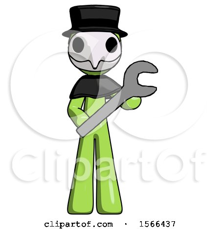 Green Plague Doctor Man Holding Large Wrench with Both Hands by Leo Blanchette
