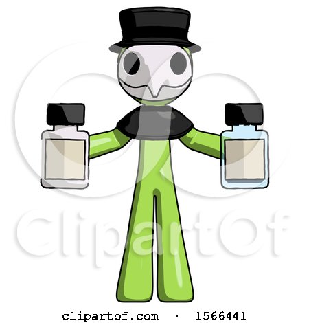 Green Plague Doctor Man Holding Two Medicine Bottles by Leo Blanchette