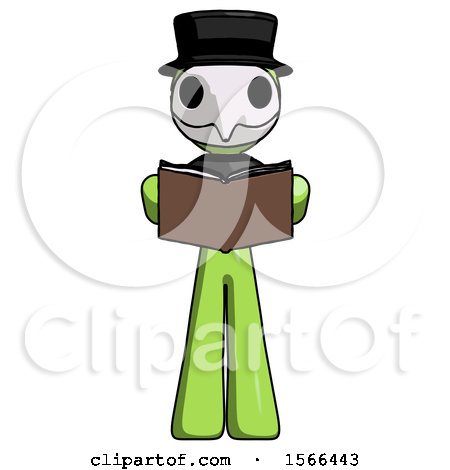 Green Plague Doctor Man Reading Book While Standing up Facing Viewer by Leo Blanchette