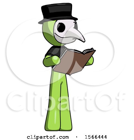 Green Plague Doctor Man Reading Book While Standing up Facing Away by Leo Blanchette