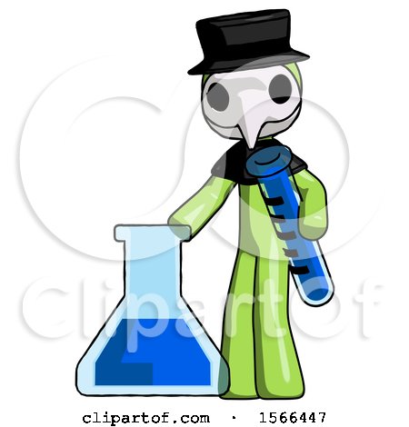 Green Plague Doctor Man Holding Test Tube Beside Beaker or Flask by Leo Blanchette