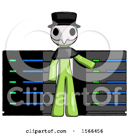 Green Plague Doctor Man with Server Racks, in Front of Two Networked Systems by Leo Blanchette