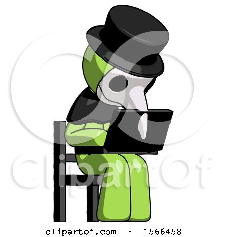 Green Plague Doctor Man Using Laptop Computer While Sitting in Chair Angled Right by Leo Blanchette