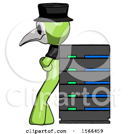 Green Plague Doctor Man Resting Against Server Rack by Leo Blanchette