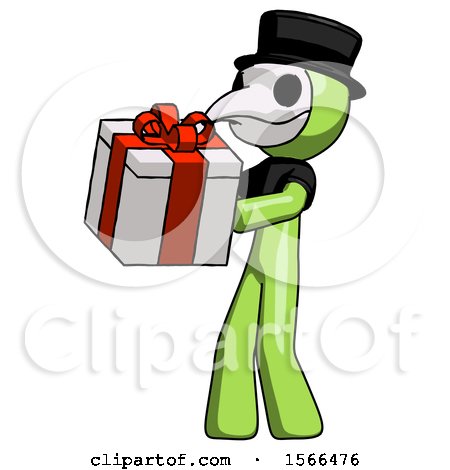 Green Plague Doctor Man Presenting a Present with Large Red Bow on It by Leo Blanchette