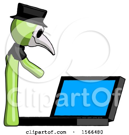 Green Plague Doctor Man Using Large Laptop Computer Side Orthographic View by Leo Blanchette