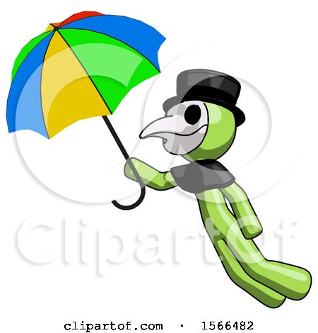 Green Plague Doctor Man Flying with Rainbow Colored Umbrella by Leo Blanchette