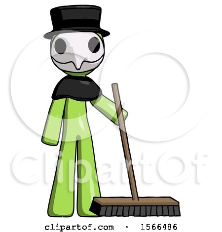 Green Plague Doctor Man Standing with Industrial Broom by Leo Blanchette