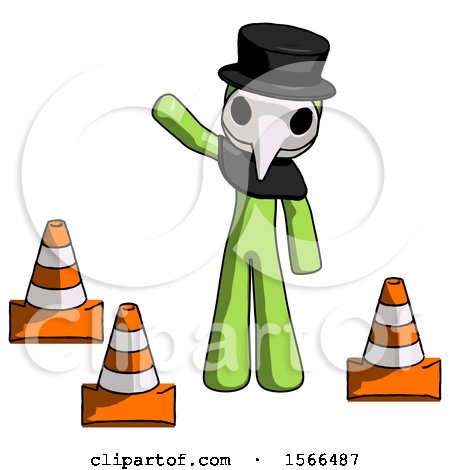 Green Plague Doctor Man Standing by Traffic Cones Waving by Leo Blanchette
