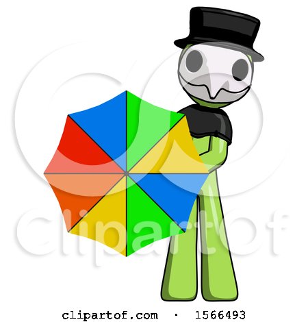 Green Plague Doctor Man Holding Rainbow Umbrella out to Viewer by Leo Blanchette