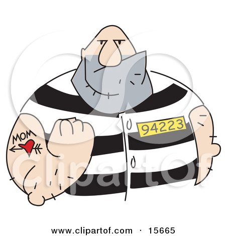 Big Tough Bald Man With A Mom And Heart Tattoo On His Arm, Clenching His Fist While Wearing a Prison Uniform Clipart Illustration by Andy Nortnik