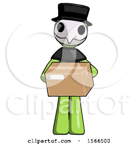 Green Plague Doctor Man Holding Box Sent or Arriving in Mail by Leo Blanchette