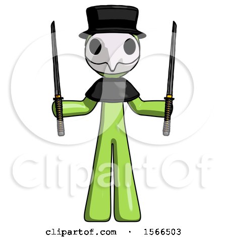 Green Plague Doctor Man Posing with Two Ninja Sword Katanas up by Leo Blanchette