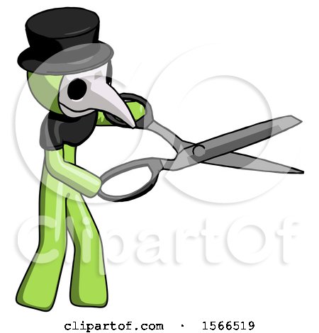 Green Plague Doctor Man Holding Giant Scissors Cutting out Something by Leo Blanchette