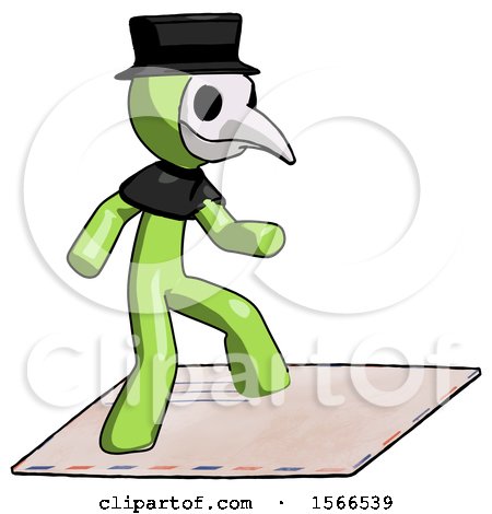 Green Plague Doctor Man on Postage Envelope Surfing by Leo Blanchette
