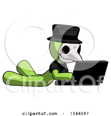 Green Plague Doctor Man Using Laptop Computer While Lying on Floor Side Angled View by Leo Blanchette