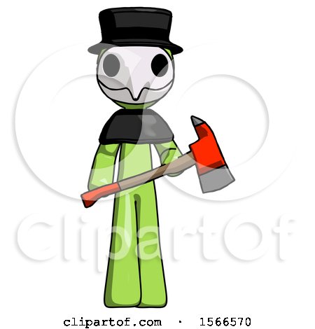Green Plague Doctor Man Holding Red Fire Fighter's Ax by Leo Blanchette