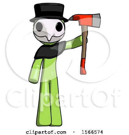Green Plague Doctor Man Holding up Red Firefighter's Ax by Leo Blanchette