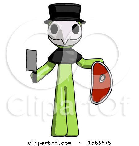 Green Plague Doctor Man Holding Large Steak with Butcher Knife by Leo Blanchette