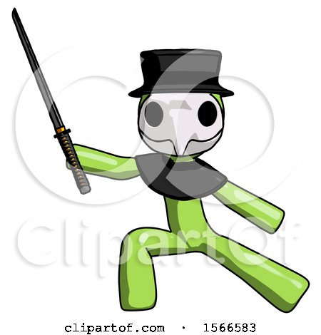 Green Plague Doctor Man with Ninja Sword Katana in Defense Pose by Leo Blanchette