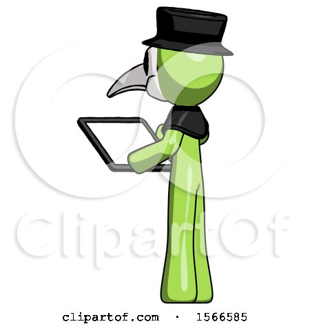 Green Plague Doctor Man Looking at Tablet Device Computer with Back to Viewer by Leo Blanchette