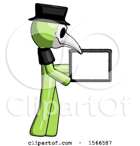 Green Plague Doctor Man Show Tablet Device Computer to Viewer, Blank Area by Leo Blanchette