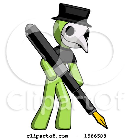 Green Plague Doctor Man Drawing or Writing with Large Calligraphy Pen by Leo Blanchette