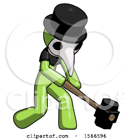 Green Plague Doctor Man Hitting with Sledgehammer, or Smashing Something at Angle by Leo Blanchette