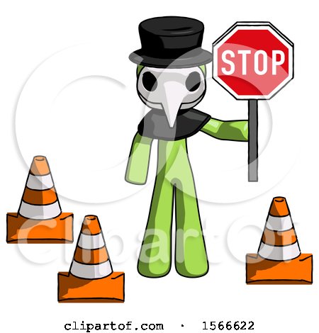 Green Plague Doctor Man Holding Stop Sign by Traffic Cones Under Construction Concept by Leo Blanchette