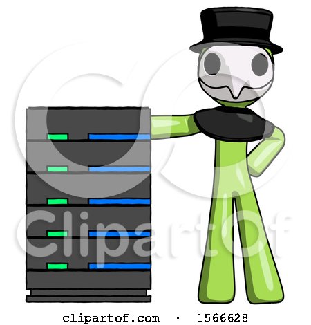 Green Plague Doctor Man with Server Rack Leaning Confidently Against It by Leo Blanchette