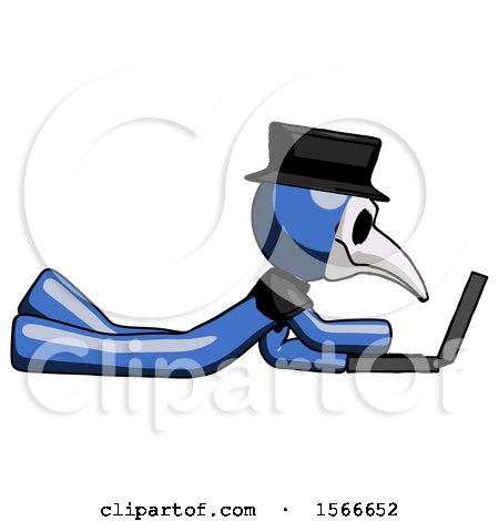 Blue Plague Doctor Man Using Laptop Computer While Lying on Floor Side View by Leo Blanchette