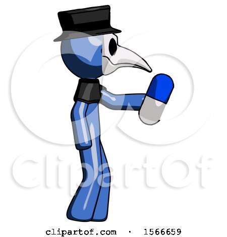 Blue Plague Doctor Man Holding Blue Pill Walking to Right by Leo Blanchette